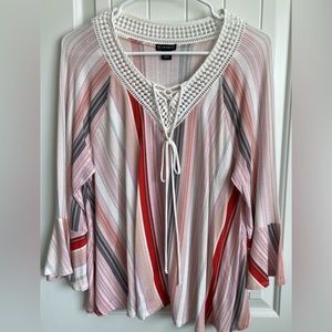 New Directions red stripe, bell sleeve casual crochet v-neck top, women’s.